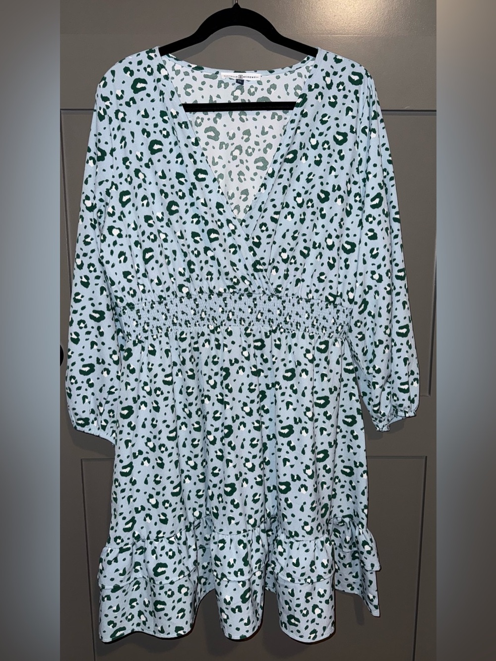 V-Neck Green Leopard Print Smocked Waist Dress